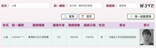 ▲本名山海的網紅茶A,目前因為兒少性剝削案,正在被通緝中。(圖/翻攝自臺灣高等檢察署通緝查詢系統) ▲本名山海的網紅茶A,目前因為兒少性剝削案,正在被通緝中。(圖/翻攝自臺灣高等檢察署通緝查詢系統)