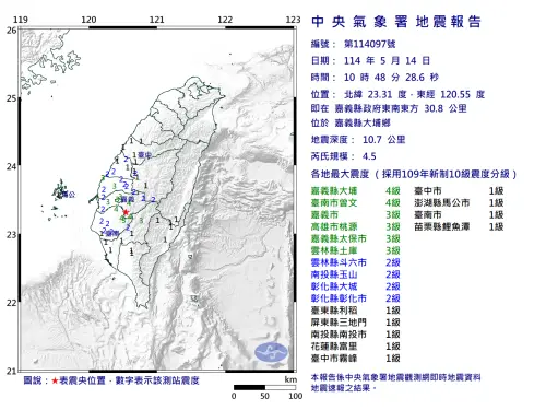 嘉義發生有感地震,最大震度4級。(圖/中央氣象署提供) ▲嘉義發生有感地震,最大震度4級。(圖/中央氣象署提供)