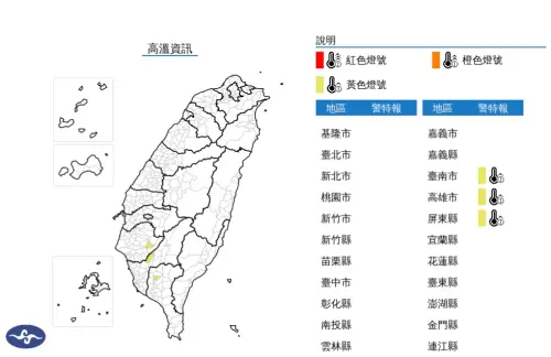 ▲中午前後包括臺南市地區、高雄市地區、屏東縣地區為黃色燈號。（圖／翻攝自中央氣象署）