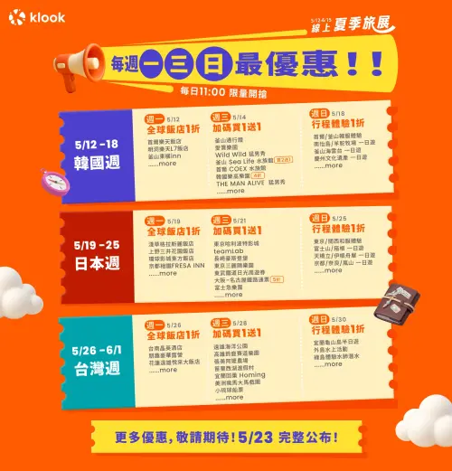 Klook即日起至6月15日推線上旅展,天天都有「eSIM 10元起」、「全站折1,000元」等超值活動,每週一三日更分別祭出「飯店1折」。(圖/Klook提供) ▲Klook即日起至6月15日推線上旅展,天天都有「eSIM 10元起」、「全站折1,000元」等超值活動,每週一三日更分別祭出「飯店1折」。(圖/Klook提供)