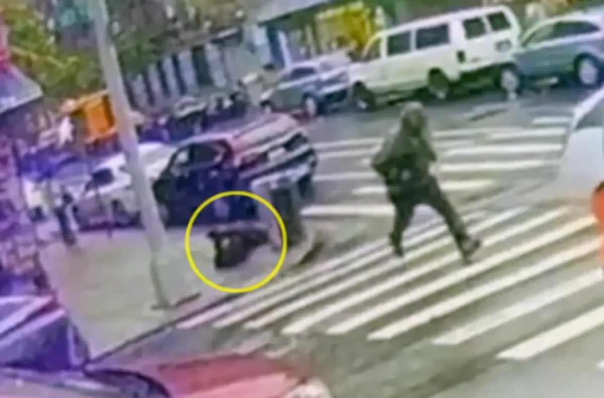 ▲美國紐約發生隨機槍案，1名男子（畫面右邊逃逸者）在光天化日下，意圖槍殺不認識的女性（黃圈者），所幸對方命大，子彈以僅1公分的距離，驚險「擦頭而過」。（圖／截取自影片）