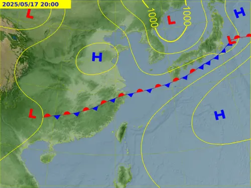 ▲近期太平洋高壓都偏強，滯留鋒面都待在中國長江流域以南，台灣梅雨狀況不佳。（圖／中央氣象署）