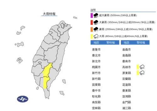 ▲高雄及屏東山區有局部大雨發生的機率，請注意雷擊及強陣風。（圖／中央氣象署）