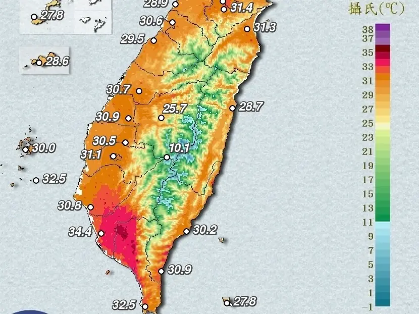 ▲天氣高溫炙熱！中午前後高雄市為橙色燈號，有連續出現36度高溫的機率，請加強注意。（圖／翻攝自中央氣象署）