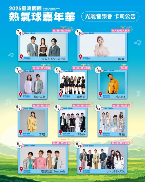 ▲「2025臺灣國際熱氣球嘉年華」將於7月5日至8月21日於鹿野高臺繽紛展開，表演卡司也搶先曝光。（圖／台東縣政府提供）