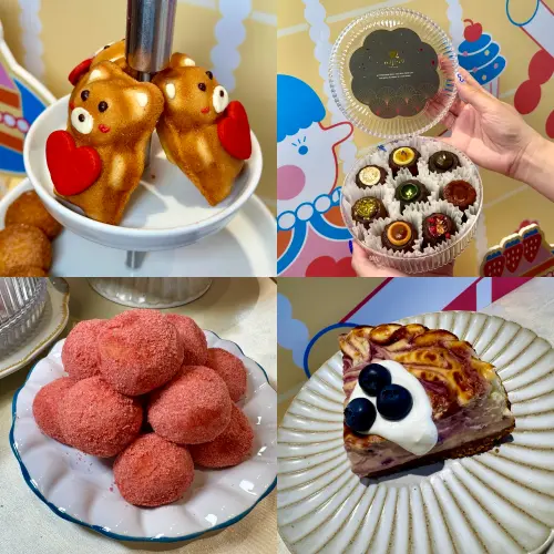 ▲「碧月」藍莓藍莓半熟乳酪蛋糕260元、「苑苑」Berry Bear 120元、「MI JIOU」迷你可麗露寶盒（8入）750元、（圖／記者鍾怡婷攝）