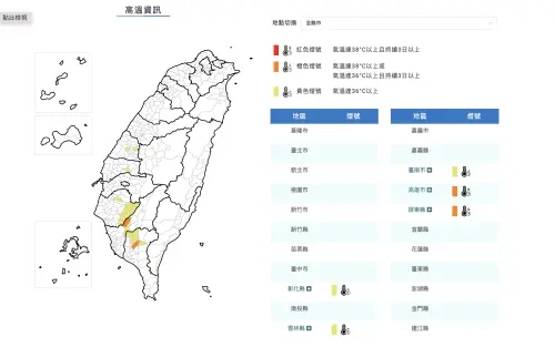 氣象署今針對五縣市發布高溫燈號警示。(圖/翻攝官網) ▲氣象署今針對五縣市發布高溫燈號警示。(圖/翻攝官網)