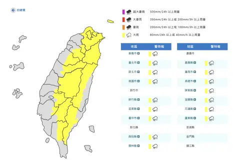 氣象署針對16縣市發布大雨警報。(圖/翻攝官網) ▲氣象署針對16縣市發布大雨警報。(圖/翻攝官網)