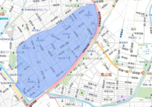 ▲高雄鳳山5月18日停水2.3萬戶影響範圍。（圖／台水官網）