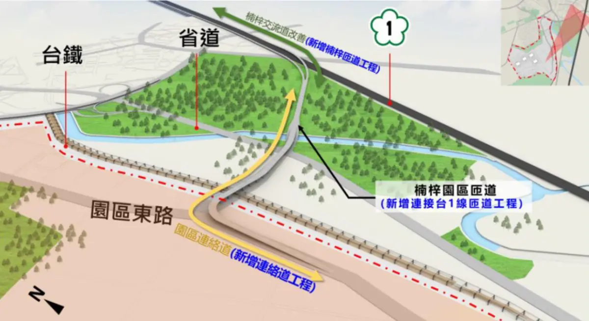 ▲高市府配合中央推動南科高雄第三園區聯外交通整體計畫，規劃新增楠梓匝道工程、園區聯絡道與連接台1線匝道工程，預定117年底完工。(圖／高市府都發局提供)