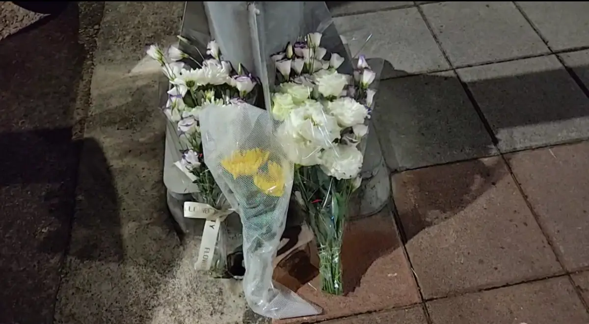 ▲ 新北市三峽在國中小校門前，發生重大死傷車禍，造成3死12傷，有民眾在事故現場放鮮花哀悼。（圖/翻攝畫面）