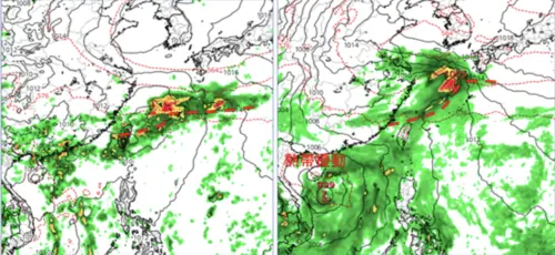 根據最新歐洲模式預測,29日8時模擬圖顯示第4波「梅雨季」鋒面移入,伴隨西南風的增強(左圖)。美國模式模擬29日8時,除了鋒面,南海還有「熱帶擾動」。(圖/翻攝「洩天機教室」) ▲根據最新歐洲模式預測,29日8時模擬圖顯示第4波「梅雨季」鋒面移入,伴隨西南風的增強(左圖)。美國模式模擬29日8時,除了鋒面,南海還有「熱帶擾動」。(圖/翻攝「洩天機教室」)