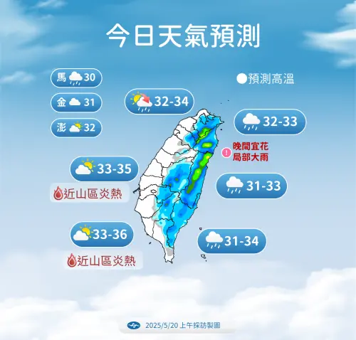 根據中央氣象署指出,今日高溫預測南部近山區可達36度以上。(圖/中央氣象署提供) ▲根據中央氣象署指出,今日高溫預測南部近山區可達36度以上。(圖/中央氣象署提供)