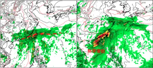 29日20時模擬圖顯示,第4波「梅雨季」鋒面移入,伴隨西南風的增強,有明顯降雨(左圖);美國模式則模擬29日20時,南海有「熱帶擾動」,挾大量降雨移入(右圖)。(圖/翻攝自洩天機教室) ▲29日20時模擬圖顯示,第4波「梅雨季」鋒面移入,伴隨西南風的增強,有明顯降雨(左圖);美國模式則模擬29日20時,南海有「熱帶擾動」,挾大量降雨移入(右圖)。(圖/翻攝自洩天機教室)