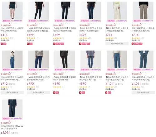 ▲無印良品牛仔褲款式眾多，不管短褲長褲皆有，價格區間也相當廣。（圖／翻攝momo購物網）