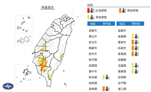 ▲今（21）日臺南市、高雄市為橙色燈號，有38度極端高溫出現的機率。（圖／中央氣象署提供）