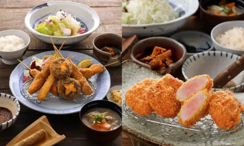 ▲左起：「六揚勝串炸套餐」490元、「平埔黑豚腰内豬排套餐」470元。（圖／勝勢提供）