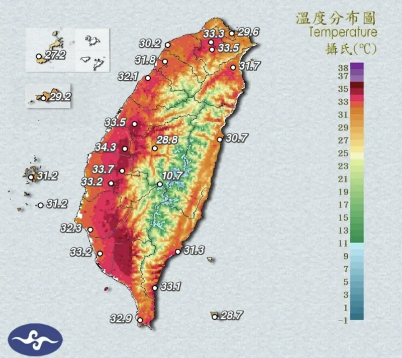 ▲今（22）日全台都相當悶熱，各地高溫普遍達攝氏33至35度，南部地區最高溫幾乎都在36度以上。（圖／中央氣象署）