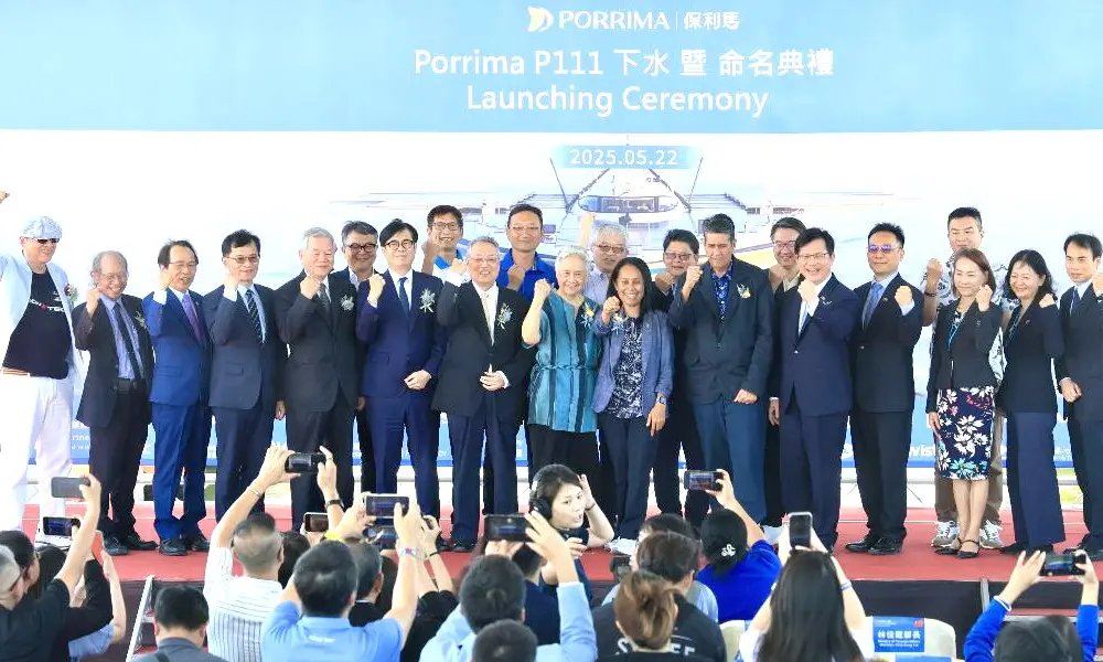 ▲我國供應鏈廠商全力打造的保利馬1號淨零碳排船舉行命名下水儀式，展現海洋科技創新。(圖／高雄市政府海洋局提供)