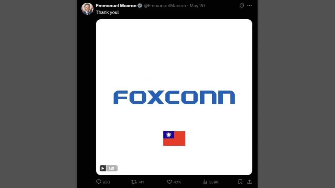 ▲法國總統馬克宏日前才因在社群媒體上PO出中華民國的國旗受到關注，今日下午便傳出馬克宏與中國國家主席習近平通電話。（圖／翻攝自X）