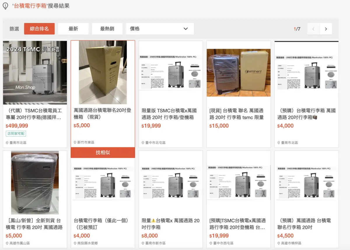 ▲台積電員工禮20吋行李箱網路代購、轉賣，價格飆近50萬。（圖／翻攝自購物網站）