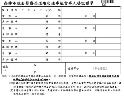 ▲交警方所開立「交通事故當事人登記聯單」,高市警局表示,肇責並非依「排序」認定,登記順序只是行政處理原則,無法判定肇事責任。(圖/高市交通大隊提供) ▲交警方所開立「交通事故當事人登記聯單」,高市警局表示,肇責並非依「排序」認定,登記順序只是行政處理原則,無法判定肇事責任。(圖/高市交通大隊提供)