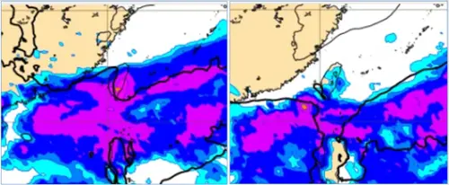 第4波「梅雨季」鋒面通過,挾南方水氣,有大範圍明顯降雨(左圖);連假首日(30日)8時模擬圖則顯示,鋒面已在巴士海峽(右圖)、將繼續南移,各地先後好轉。(圖/洩天機教室) ▲第4波「梅雨季」鋒面通過,挾南方水氣,有大範圍明顯降雨(左圖);連假首日(30日)8時模擬圖則顯示,鋒面已在巴士海峽(右圖)、將繼續南移,各地先後好轉。(圖/洩天機教室)