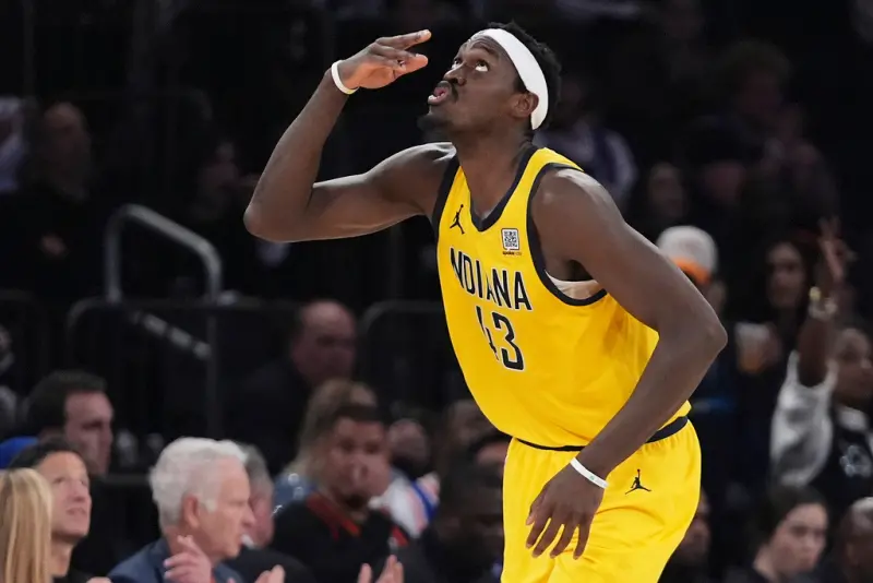 ▲2025年NBA季後賽東區決賽第二戰今（23）日於紐約麥迪遜廣場花園舉行，由紐約尼克迎戰印第安納溜馬，溜馬主將Pascal Siakam這一場狂砍39分，率領球隊在客場取得2連勝，東區決賽目前2：0領先。（圖／美聯社／達志影像）