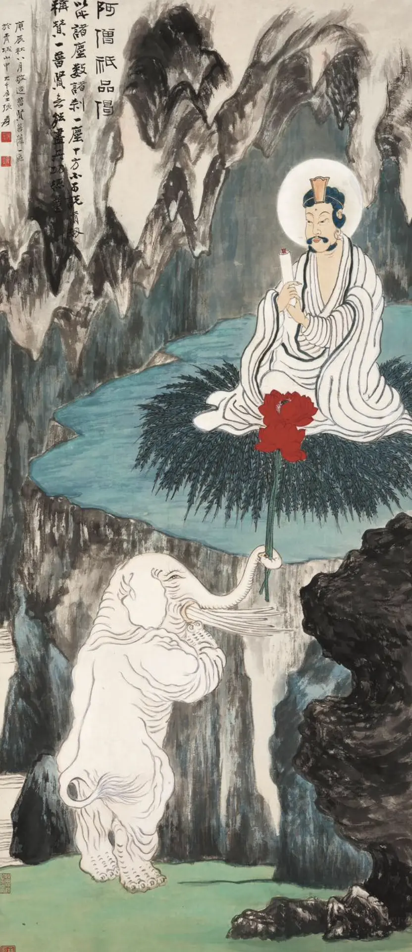 ▲張大千的《太平景象》描繪普賢菩薩騎乘六牙白象，氣氛莊嚴寧靜，用筆穩重。（圖／取自邦瀚斯）