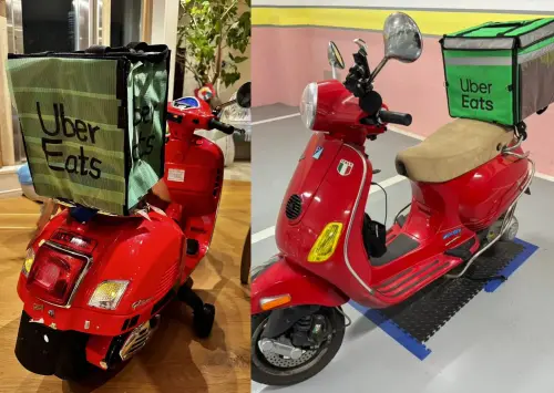 林志玲曬出親手為兒子打造的外送摩托車作品(左),細節精緻又還原度高,網友曬出實體外送車(右)的照片,被讚:「根本一模一樣!」(圖/林志玲臉書) ▲林志玲曬出親手為兒子打造的外送摩托車作品(左),細節精緻又還原度高,網友曬出實體外送車(右)的照片,被讚:「根本一模一樣!」(圖/林志玲臉書)