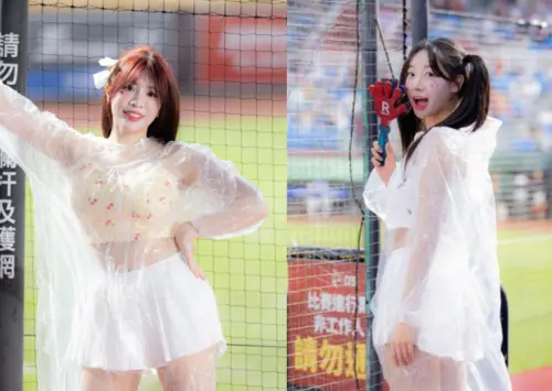 ▲賽事因細雨延遲至晚間九點才開打，熊霓（左）笑稱是她跳應援以來最漫長等待，廉世彬與禹洙漢（右）敬業穿雨衣堅守舞台，展現不畏風雨的熱情與專業。（圖／樂天桃猿提供）