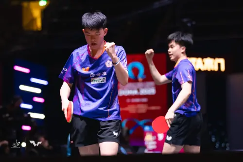 ▲2025杜哈世界桌球錦標賽男雙金牌戰，我國男雙組合林昀儒／高承睿出戰日本組合篠塚大登／戶上隼輔，首局林昀儒和高承睿後來居上，打出9：1的攻勢，以11：6先下一城，取得局數1：0領先。