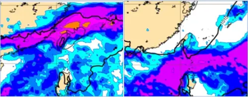 ▲本週四（左圖）全台各地降雨訊號非常強烈，端午節連假（右圖）鋒面遠離，以午後雷陣雨為主。（圖／洩天機教室）