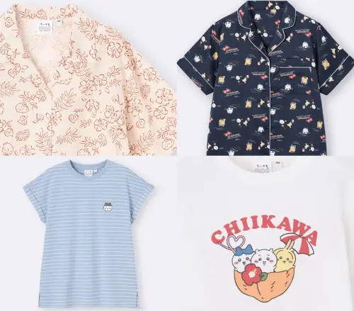 ▲「女裝印花襯衫(短袖)」790元、「女裝條紋T恤」590元、「女裝緞面家居服」990元、「童裝印花T恤」390元。（圖／GU提供）