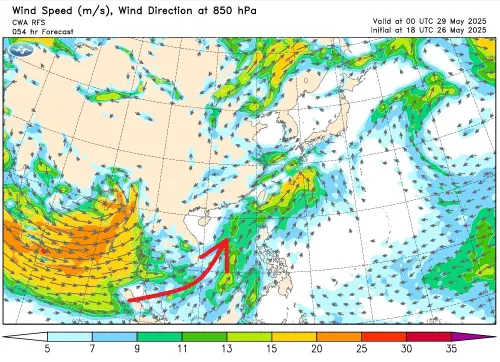▲週三、週四西南季風在南海建立，台灣的雨勢感受會非常明顯。（圖／鄭明典臉書）