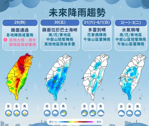 ▲鋒面在週四會帶來最劇烈降雨，端午連假開始後各地雨勢慢慢趨緩。（圖／中央氣象署）