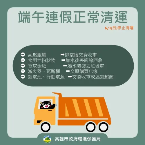 ▲高雄市端午節連假垃圾車正常清運,6月1日適逢週日例休停收。(圖/高雄市環保局提供) ▲高雄市端午節連假垃圾車正常清運,6月1日適逢週日例休停收。(圖/高雄市環保局提供)