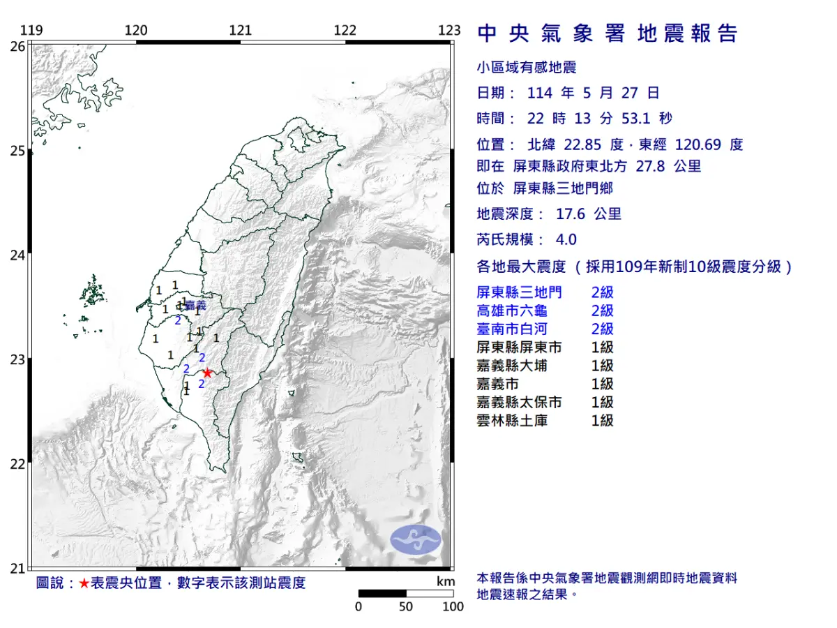 ▲據中央氣象署地震測報中心資料，今（27）日晚間22時13分屏東縣三地門鄉發生芮氏規模4.0的小區域地震。（圖／中央氣象署）