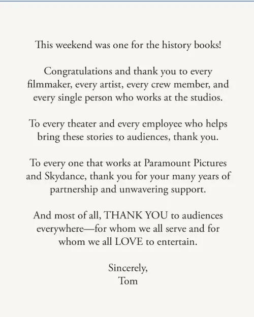 ▲湯姆克魯斯因為《不可能的任務:最終清算》北美首映週末仍創全系列新高,寫了感謝信向所有演職員、戲院業、觀眾等道謝。(圖/摘自IG) ▲湯姆克魯斯因為《不可能的任務:最終清算》北美首映週末仍創全系列新高,寫了感謝信向所有演職員、戲院業、觀眾等道謝。(圖/摘自IG)