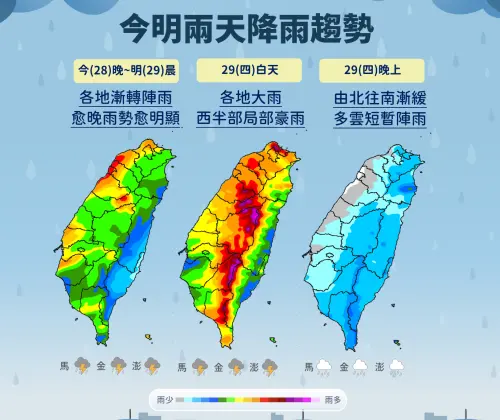 ▲鋒面在週四會帶來最劇烈降雨，端午連假開始後各地雨勢慢慢趨緩。（圖／中央氣象署）