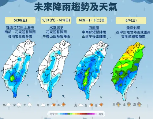 ▲鋒面一路往南移動，端午連假開始各地天氣由北往南慢慢放晴。（圖／中央氣象署）