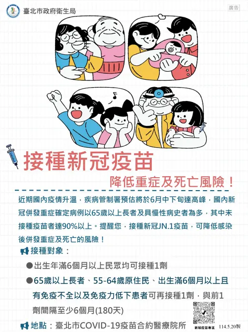 ▲北市衛生局呼籲市民除接種疫苗，若有症狀速就醫，保護自身及家人健康。（圖／北市衛生局）