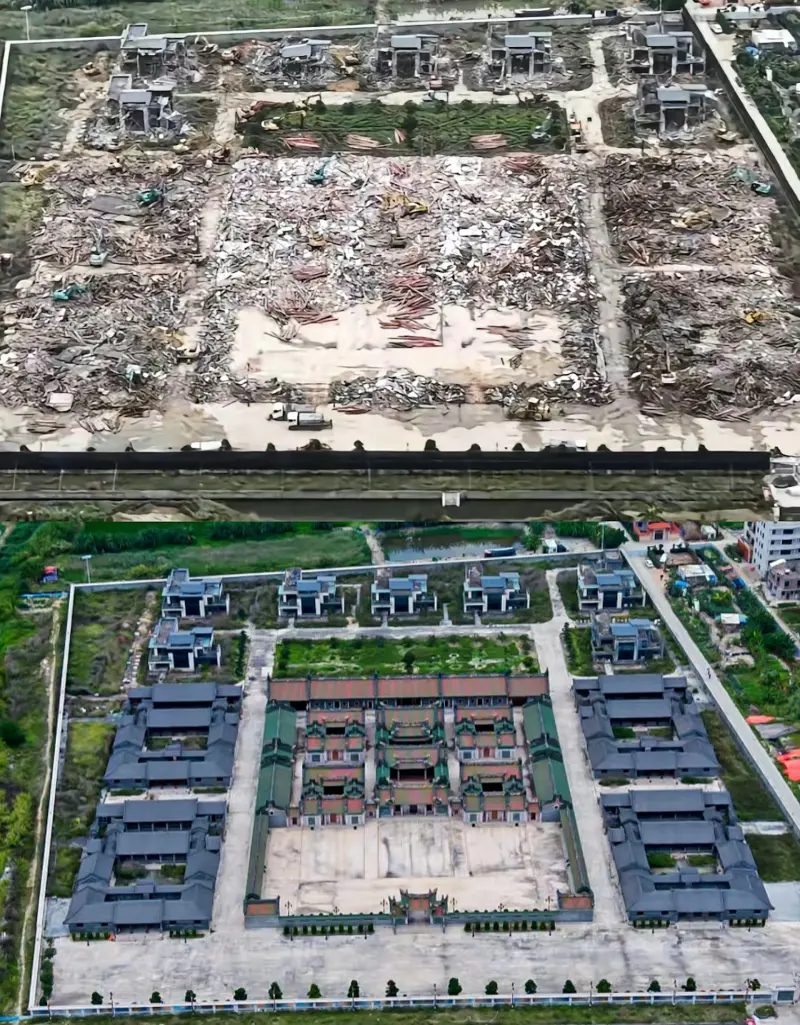 ▲中國廣東汕頭一處號稱耗資上億元人民幣打造的「英之園」豪宅,今(28)日已全數夷為平地,引發網友熱議。(合成圖/翻攝自微博)