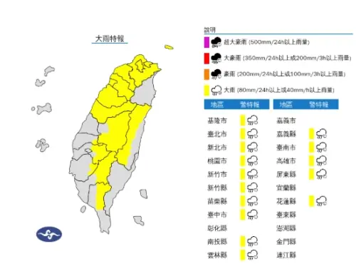 ▲大雨特報。(圖/中央氣象署) ▲大雨特報。(圖/中央氣象署)