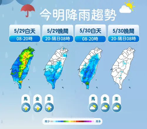 鋒面在週四白天帶來明顯降雨,晚上由北往南慢慢趨緩,端午連假天氣穩定。(圖/中央氣象署) ▲鋒面在週四白天帶來明顯降雨,晚上由北往南慢慢趨緩,端午連假天氣穩定。(圖/中央氣象署)