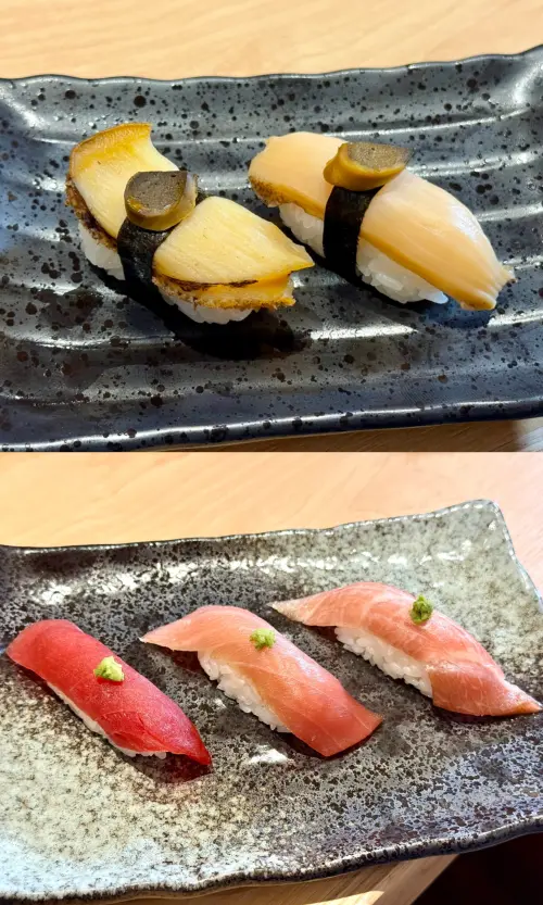 ▲上圖左起：「燉煮鮑魚」120元、「活鮑魚」100元，下圖左起：「黑鮪赤身」100元、「黑鮪魚中腹」140元、「黑鮪魚大腹」180元。（圖／記者蕭涵云攝）