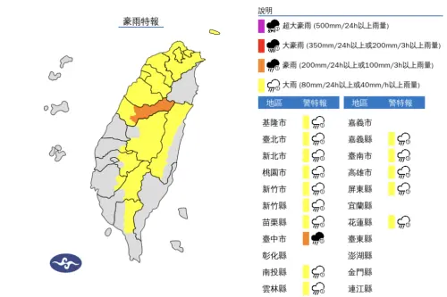 ▲梅雨鋒面影響，中央氣象署持續針對全台15縣市發布「豪雨特報」。（圖／中央氣象署）