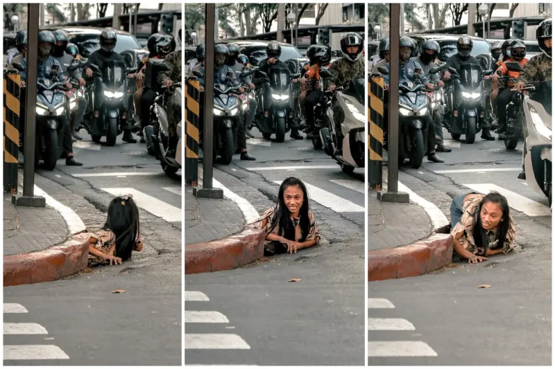 ▲菲律賓馬尼拉都會區馬卡蒂市(Makati)街頭近日上演詭異一幕,一名女子竟然從市區馬路旁的排水孔爬出,讓路過民眾看傻。(圖/翻攝自IG/iammrthity)