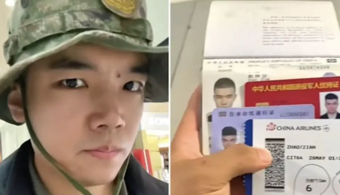 ▲一名解放軍退役軍人，身穿迷彩服現身桃園國際機場內拍攝影片，引起網路熱議。（圖／翻攝自抖音）