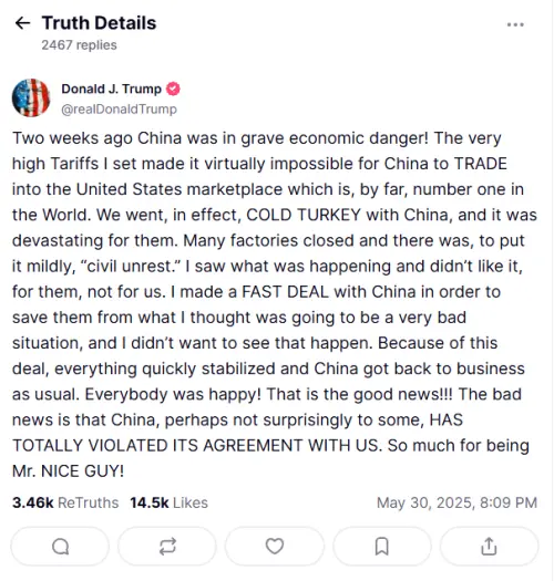 ▲美國總統川普在社群發文,指責中國違反貿易協定。(圖/翻攝自川普Truth Social) ▲美國總統川普在社群發文,指責中國違反貿易協定。(圖/翻攝自川普Truth Social)